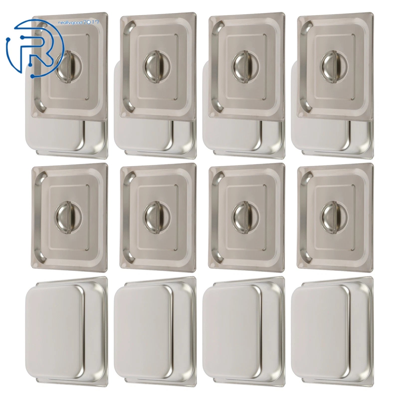Set of 8 Stainless Steel Hotel Pans 1/2 Size 4" Deep with Lids