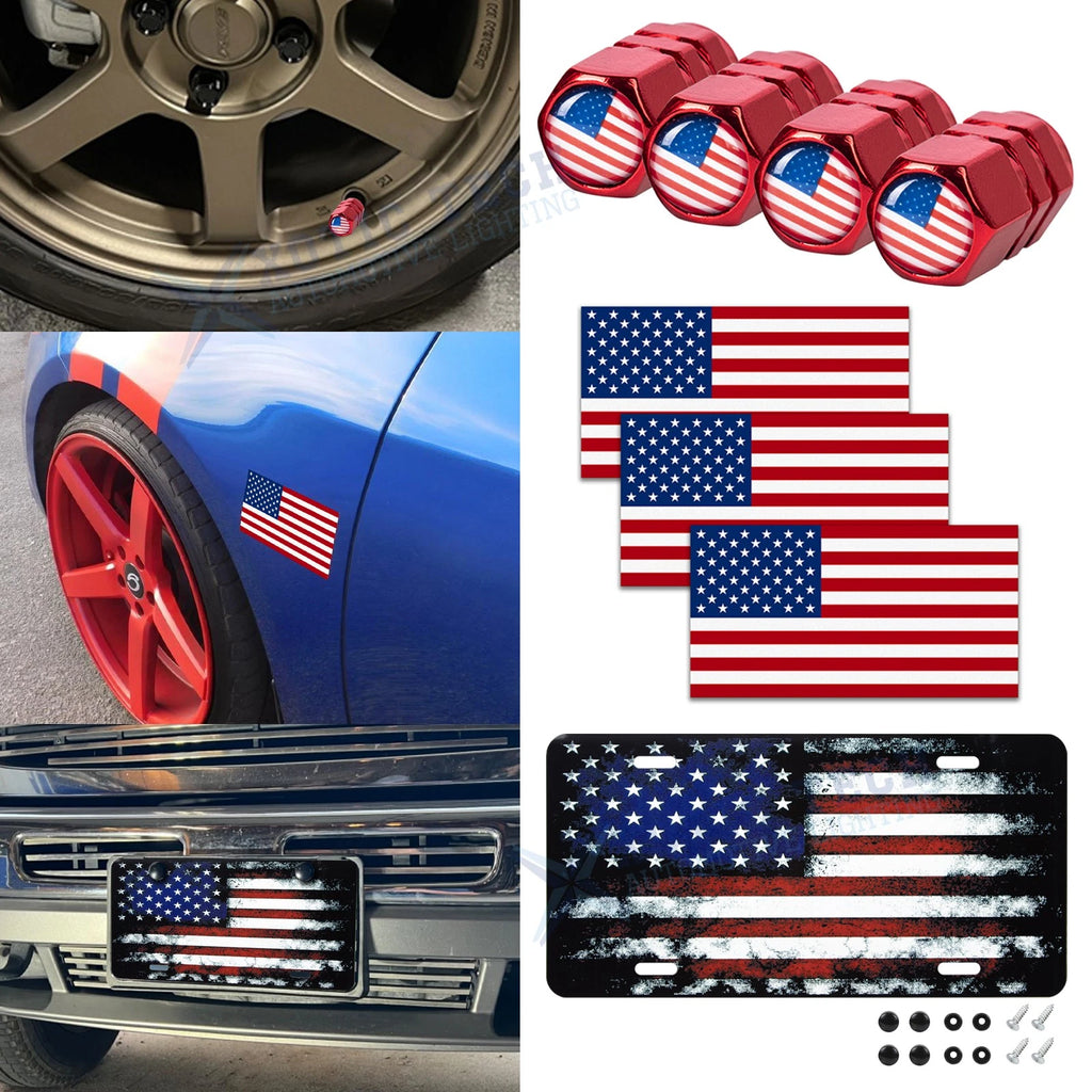 Distressed American Flag Front License Plate Valve Stem Cap Bumper Sticker for Red (—)