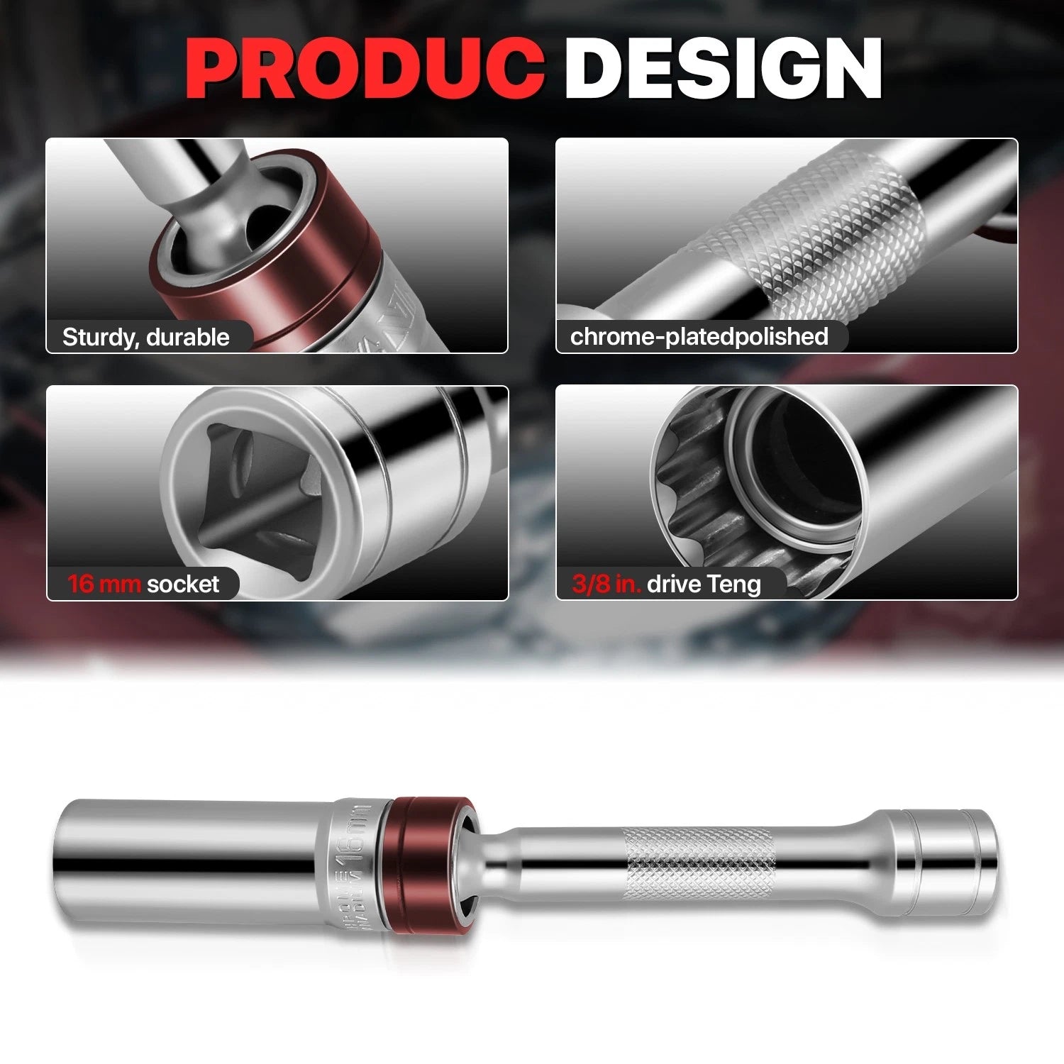 16MM Socket for Ratchet 3/8" Drive (Magnetic, Vanadium Steel)