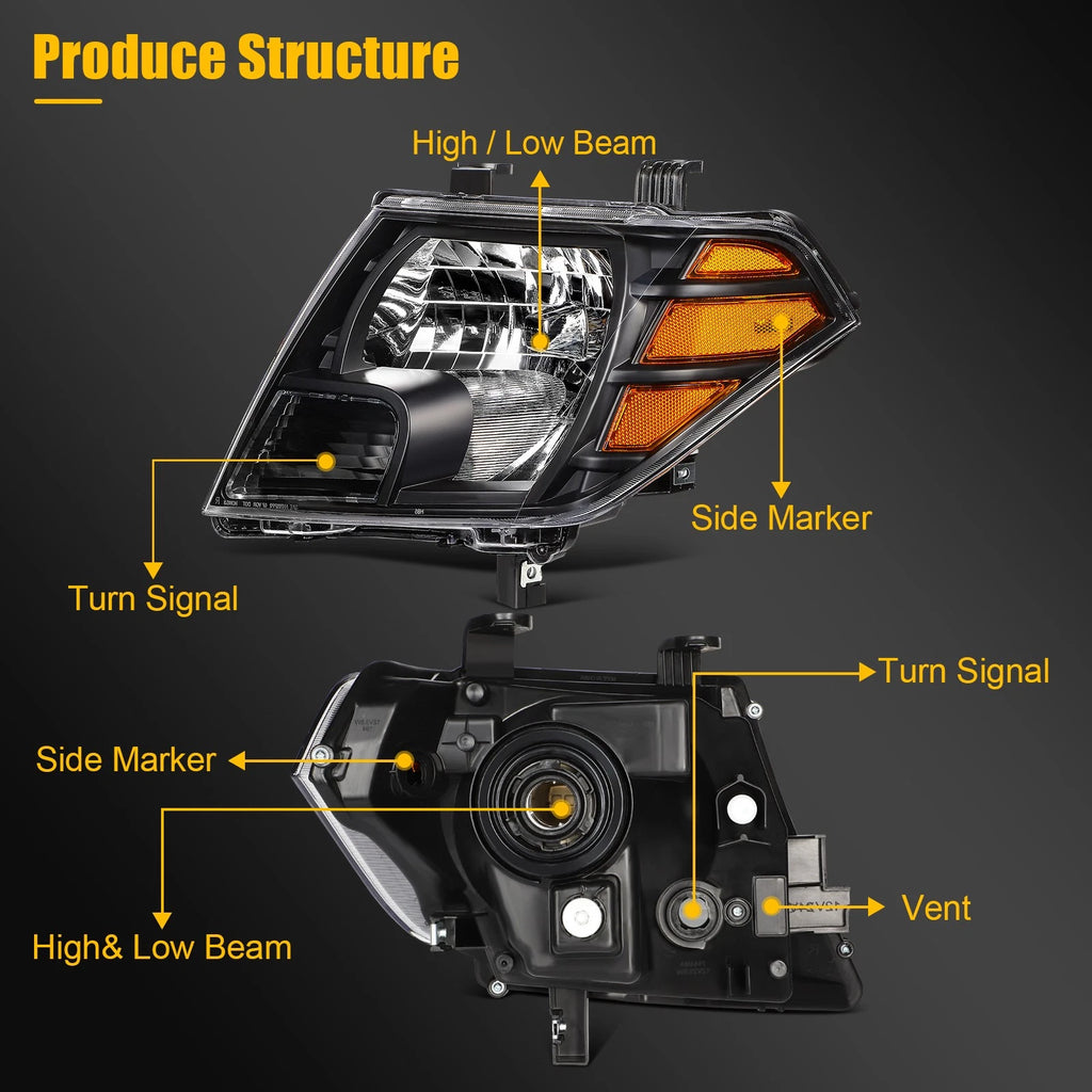 2X Headlights for Nissan Frontier Pickup (2009–2021) Black Housing
