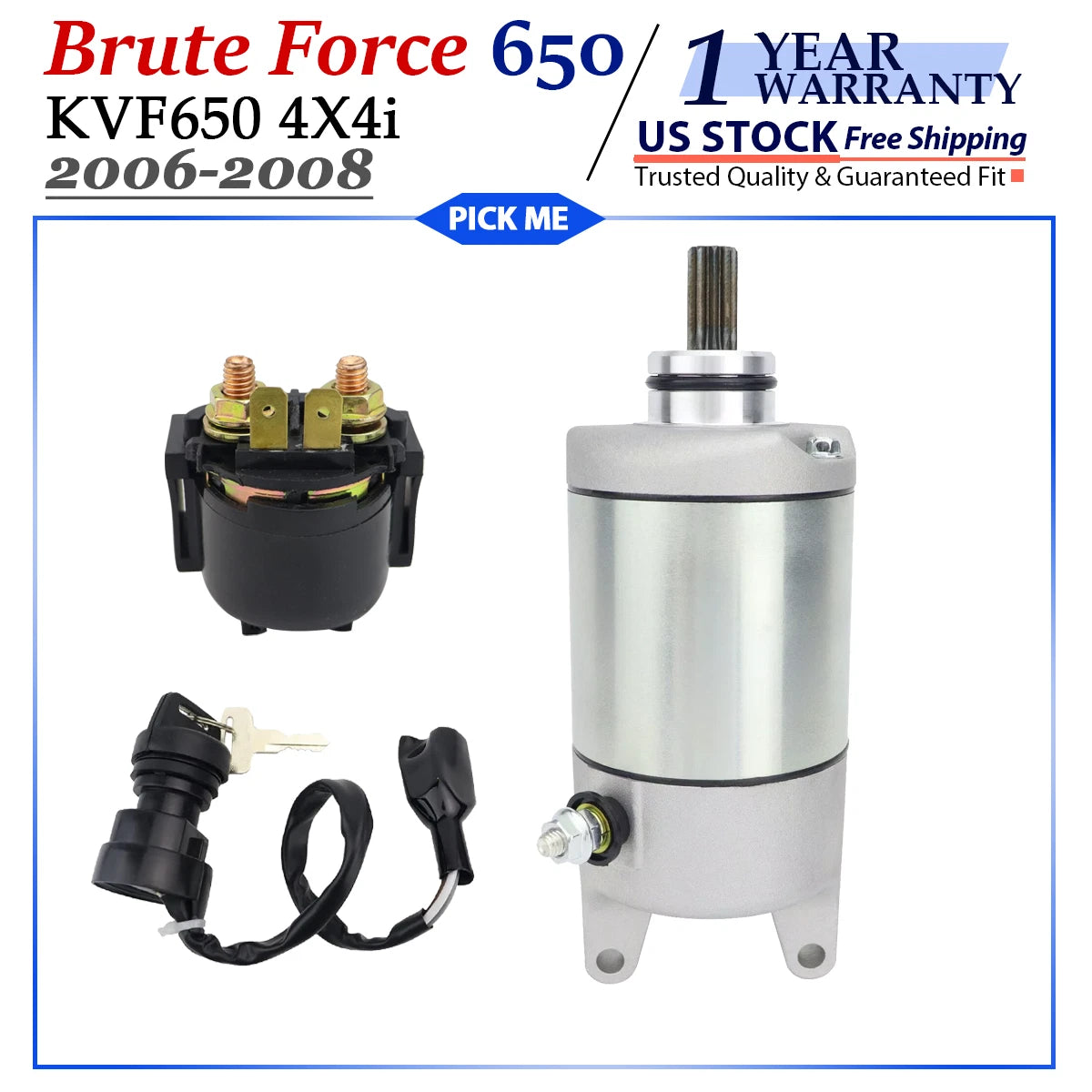 Starter for Kawasaki Brute Force 650 4X4i KVF650 (2006–2008) with Relay & Switch