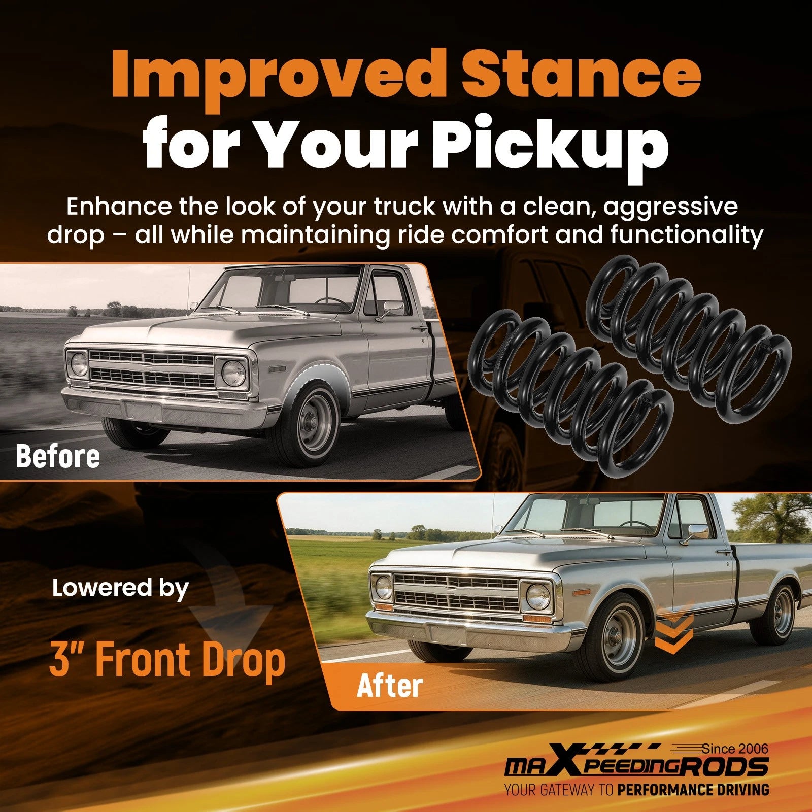 Pair 3" Front Coil Springs Lowering Kit for Chevy C10 2WD (1963–1987)