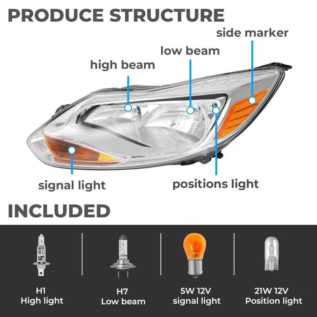 Clear Headlight Assembly Set for Ford Focus (2012-2014) L+R with Bulb