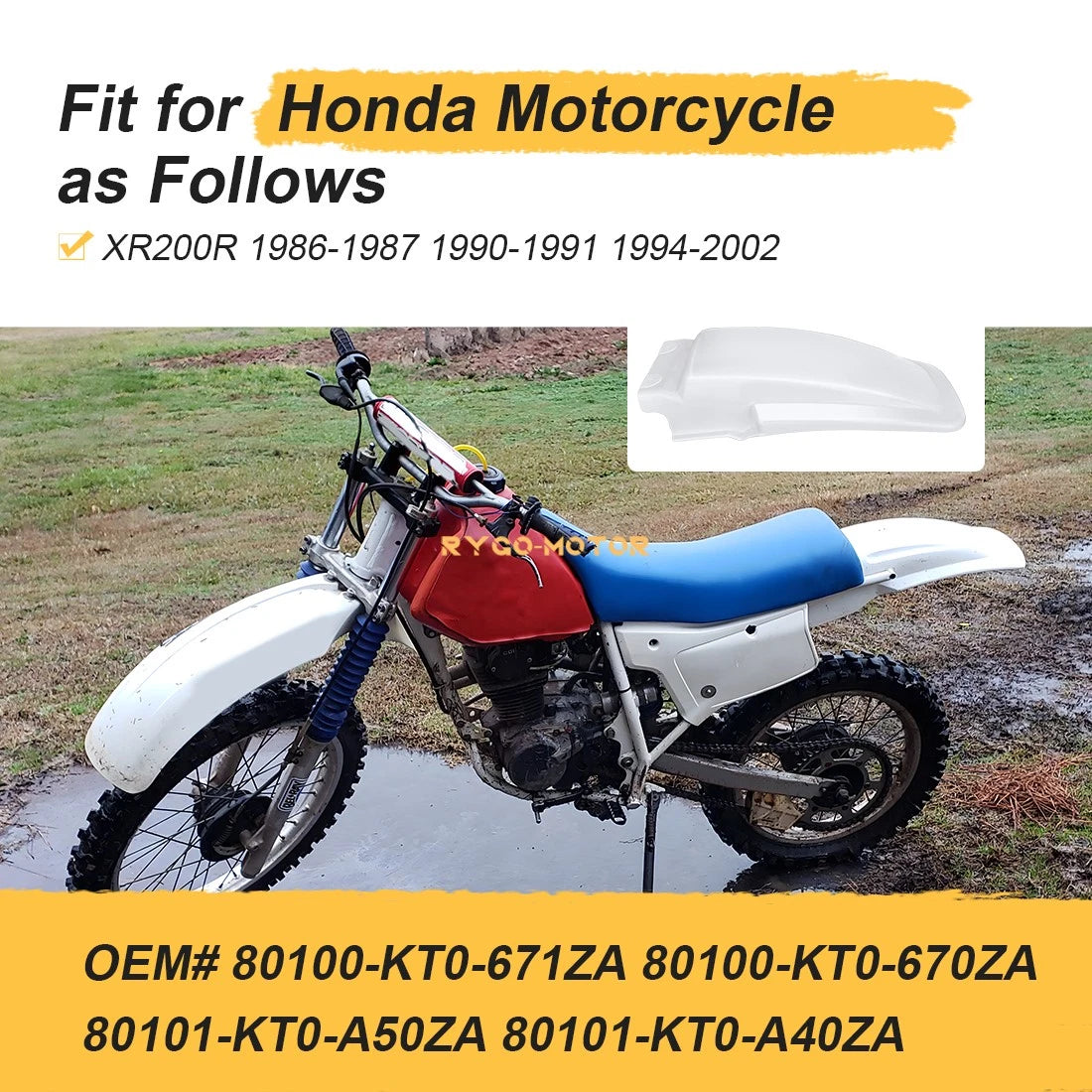 Rear Fender for Honda XR200R (1986–2002) Plastic Mud Guard 80100-KT0-671ZA