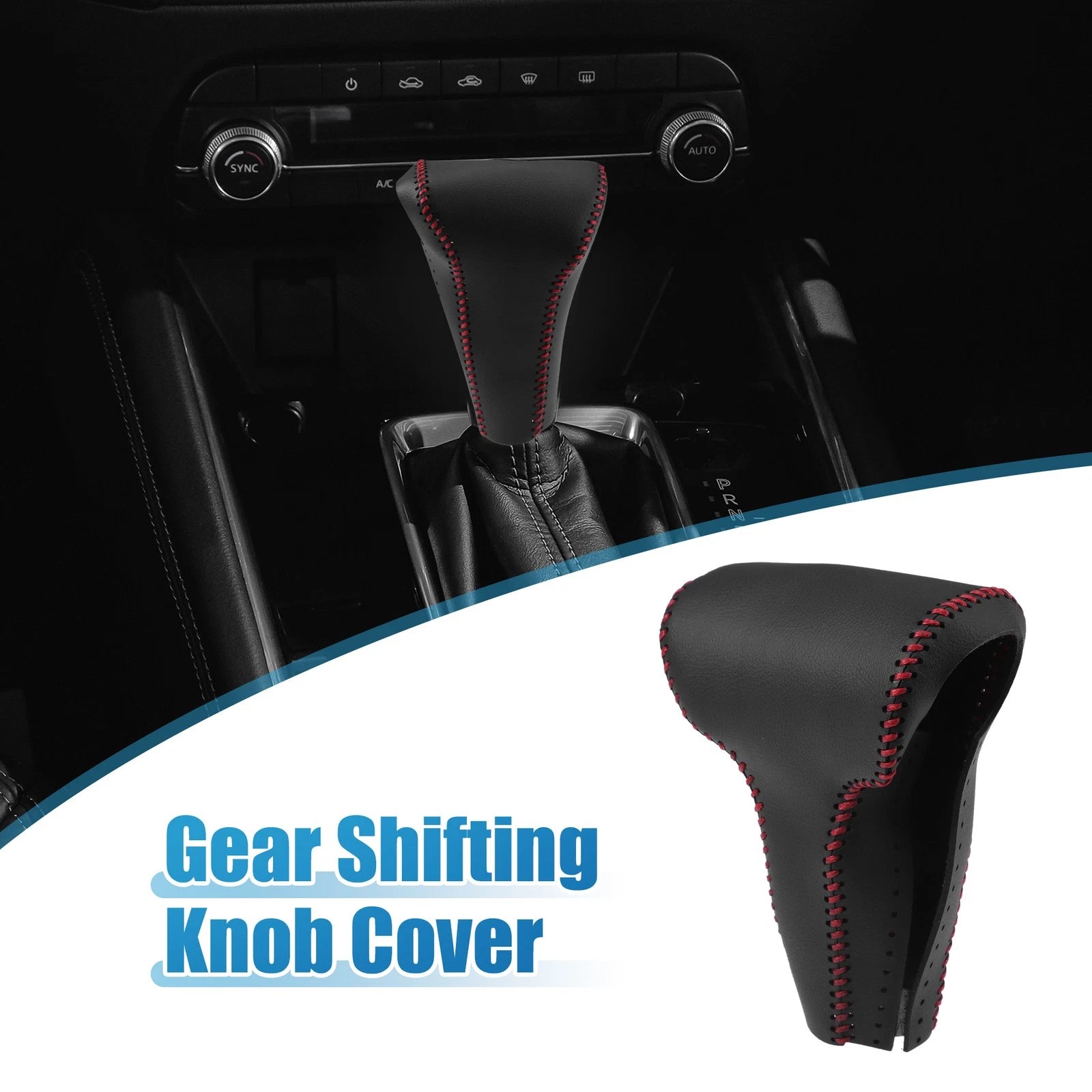 Gear Shift Head Knob Cover for Honda CR-V (2017) Faux Leather Black Red Stitches