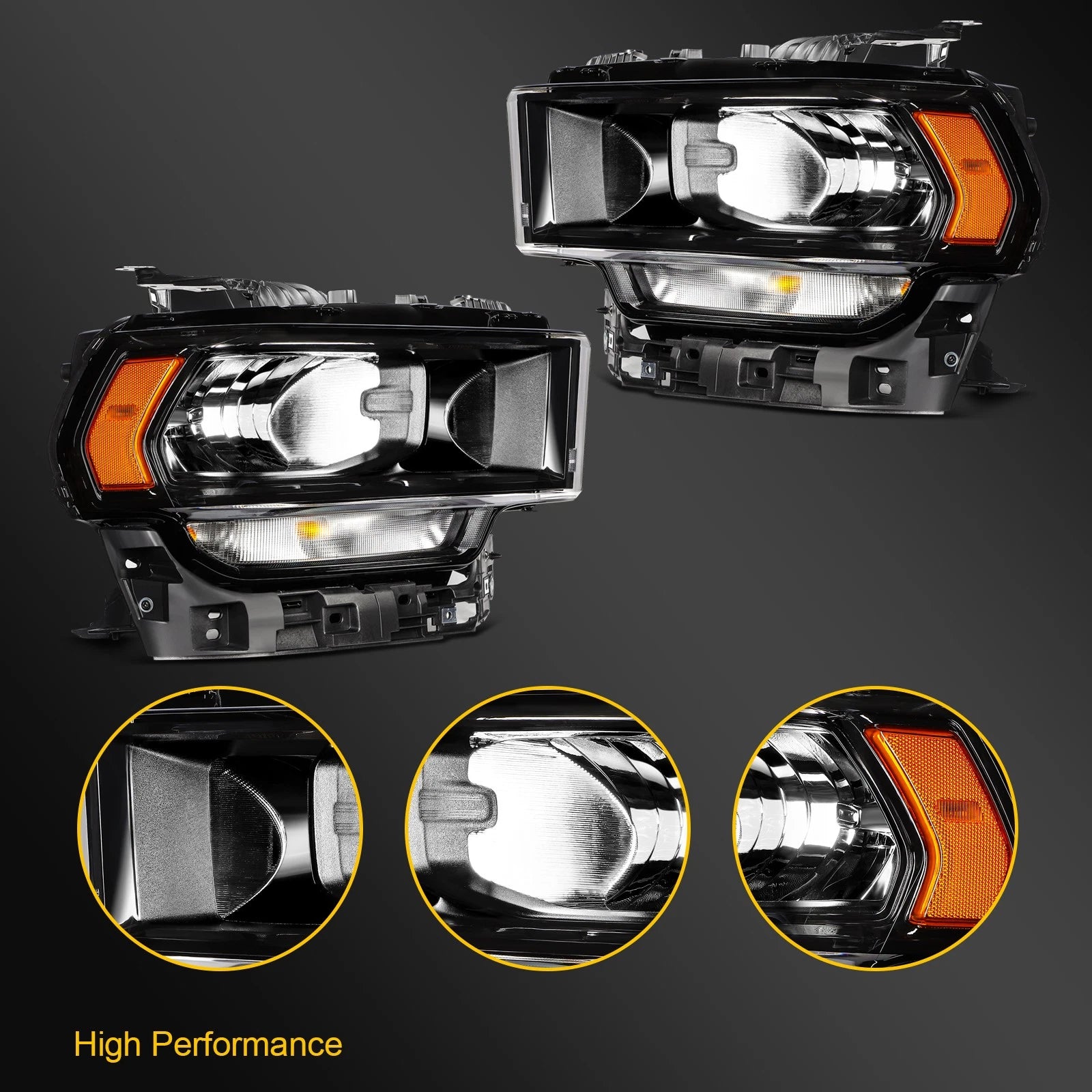 Pair Headlights with Bulbs for Ram 2500 3500 (2019–2024) Black Housing