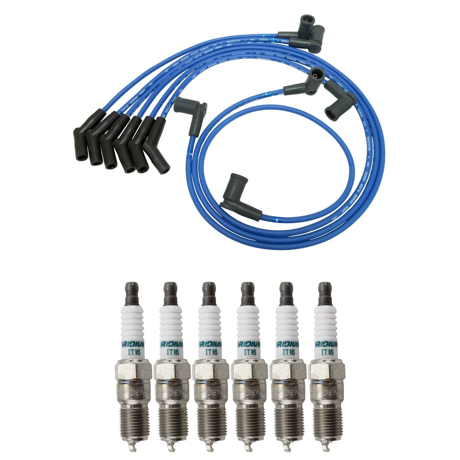 NGK Wire Set & Denso Iridium Spark Plugs Kit for Ford Mustang V6 (2001–2004)