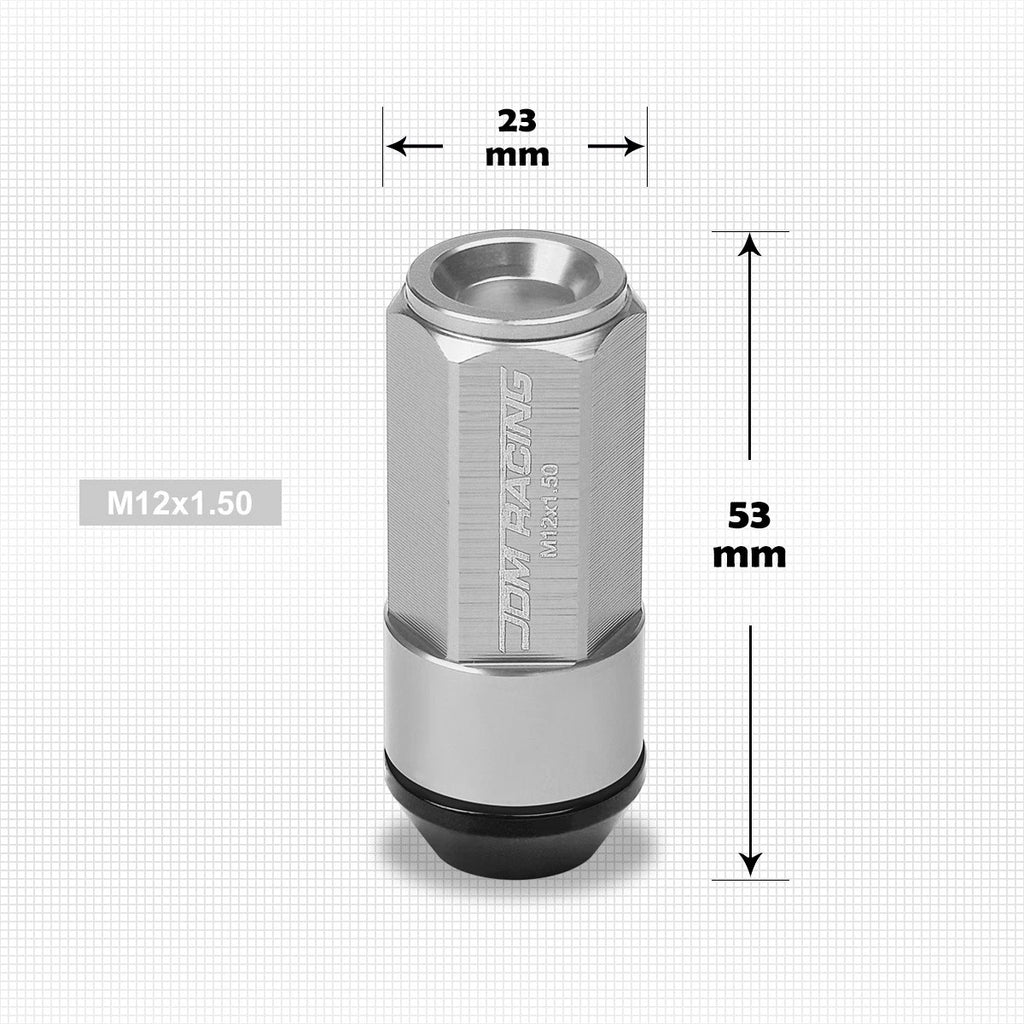 Set of 20 M12X1.5 Silver JDM Cone Seat Hex Wheel Lug Nuts with Cap & Extension