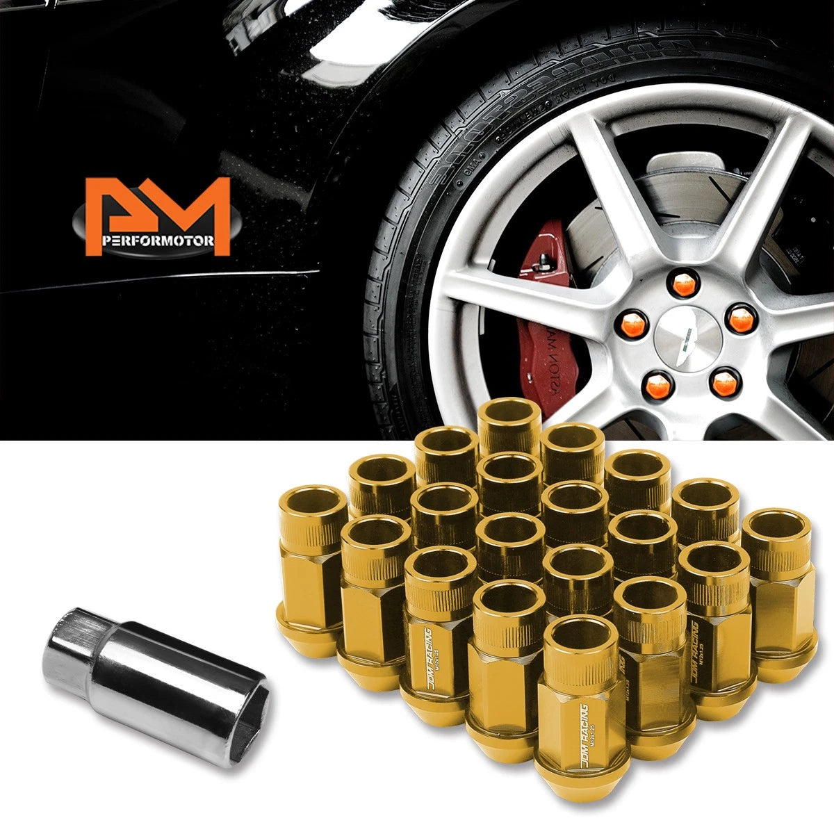 20Pc M12X1.25 Gold JDM Open End Bulge Hex Wheel Lug Nuts + Extension 25mmx44mm