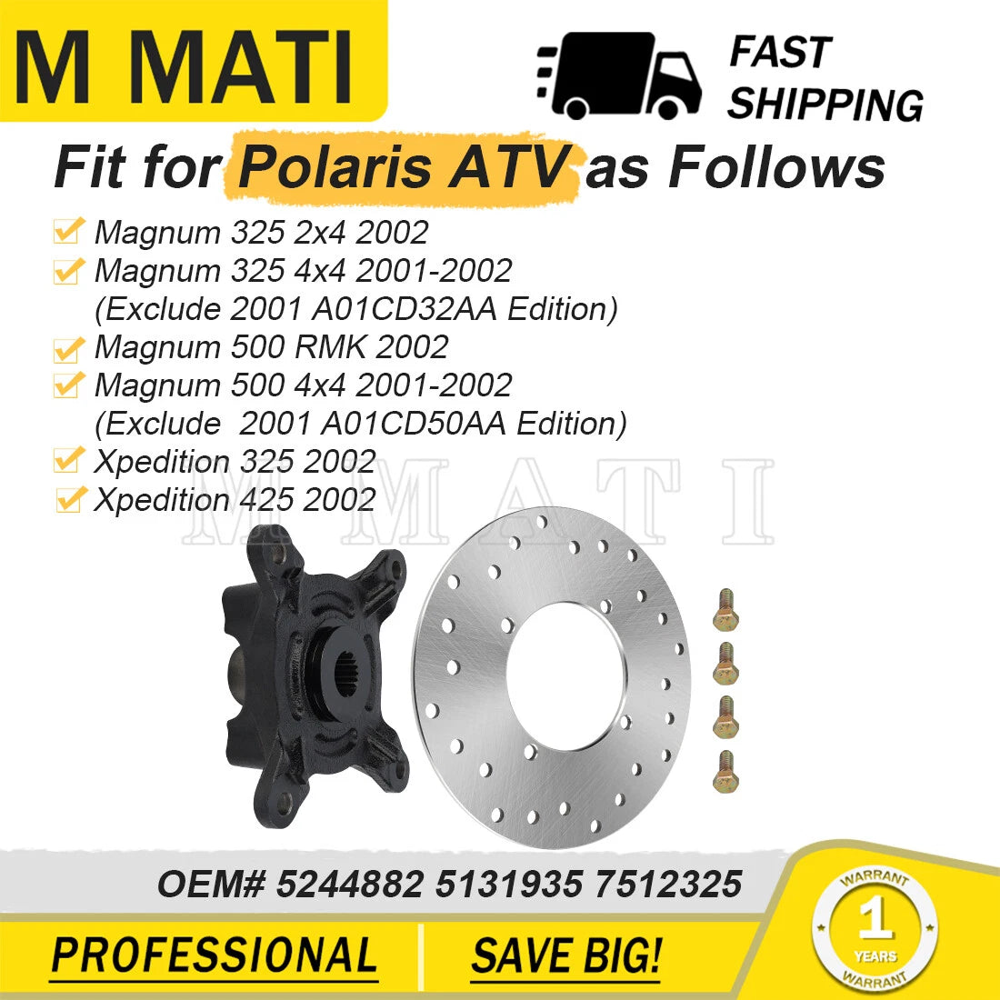 Rear Left Wheel Hub & Brake Rotor for Polaris Magnum 500 4x4/RMK 500 (2001–2002)