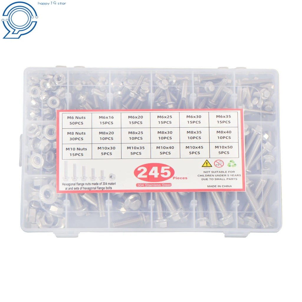 Set of 245 Hex Screws Flanged Bolts Nuts Kit for Metric M6 M8 M10