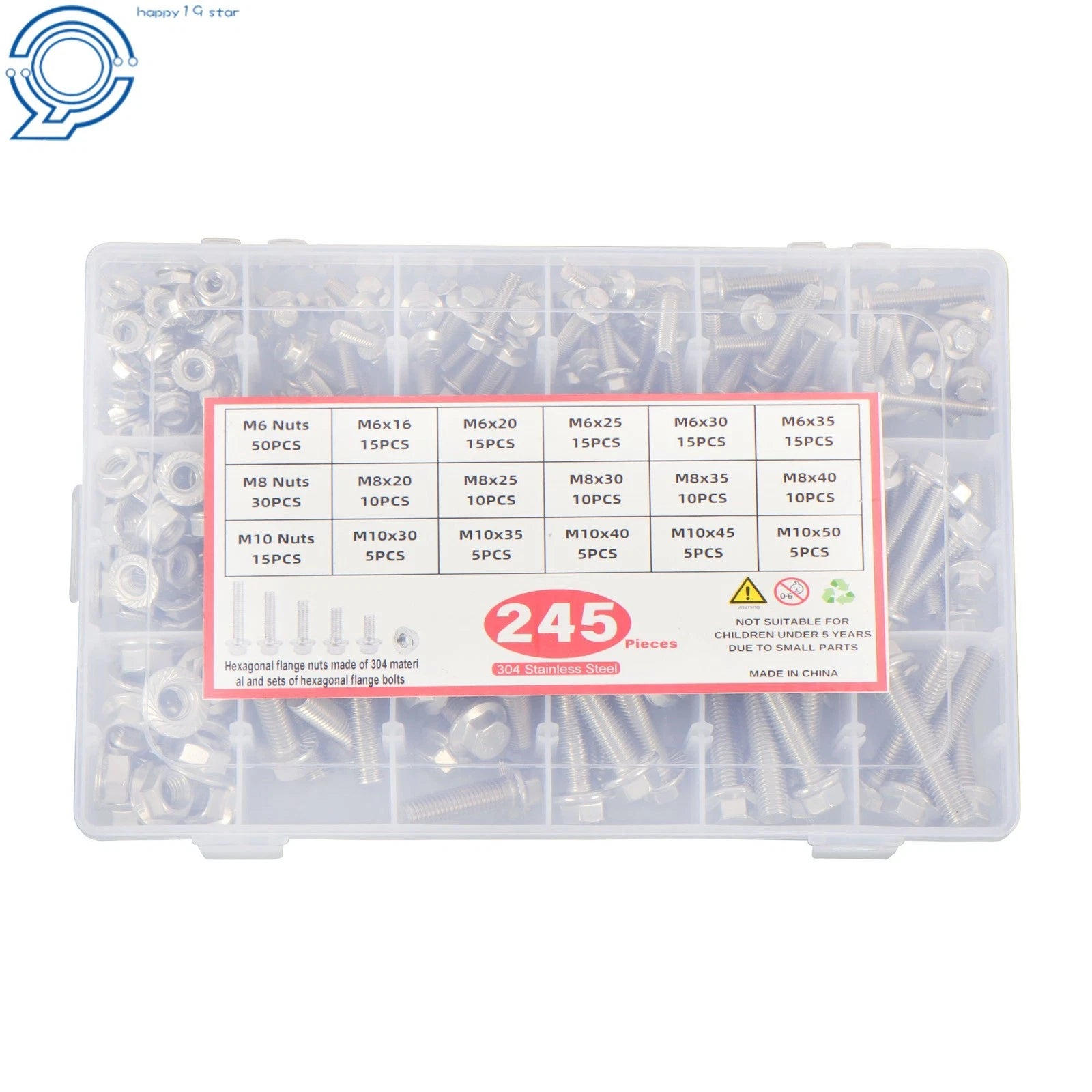 Set of 245 Hex Screws Flanged Bolts Nuts Kit for Metric M6 M8 M10