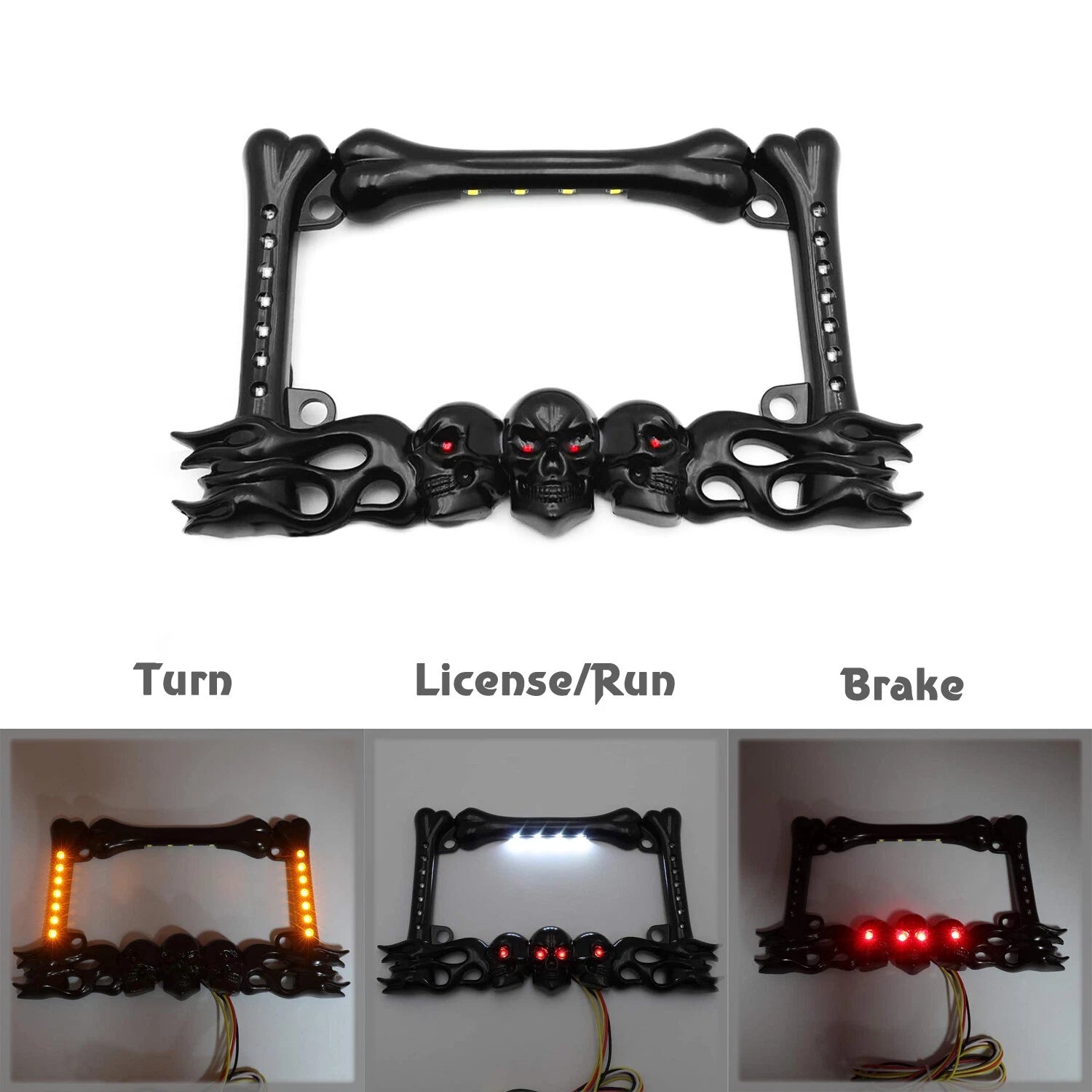 3D Skull Flame Bone License Plate Frame with LED for Harley Honda
