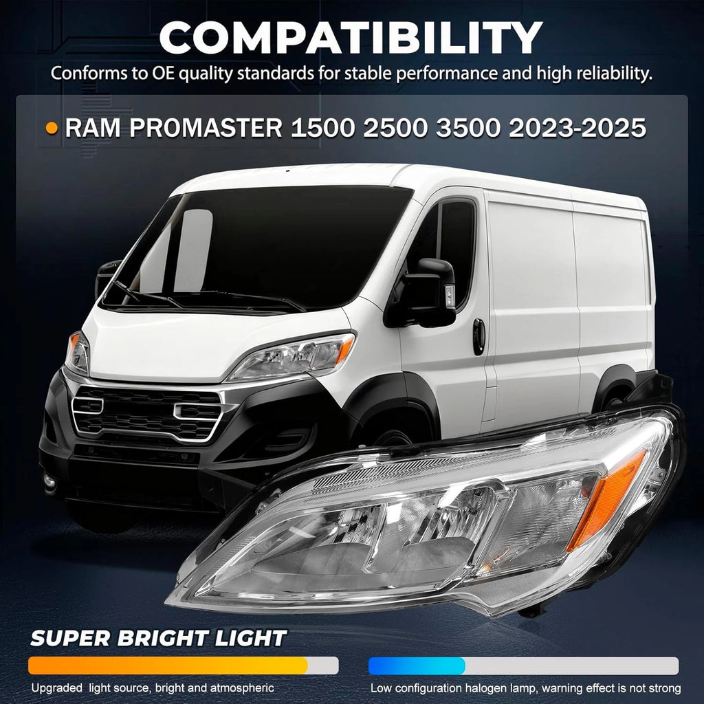 Halogen Headlight Left Driver Side for Dodge Ram Promaster 1500 2500 (2023–2026)