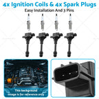 Set of 4 Ignition Coils & 4 Spark Plugs for Nissan X-Trail T30 (2001–2007) 224488H315