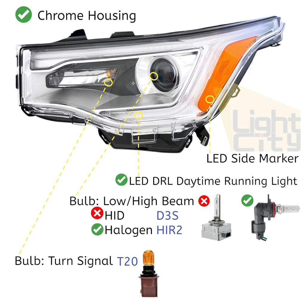 Driver Side Halogen Headlight for GMC Acadia (2017–2019) LH, Chrome, LED DRL