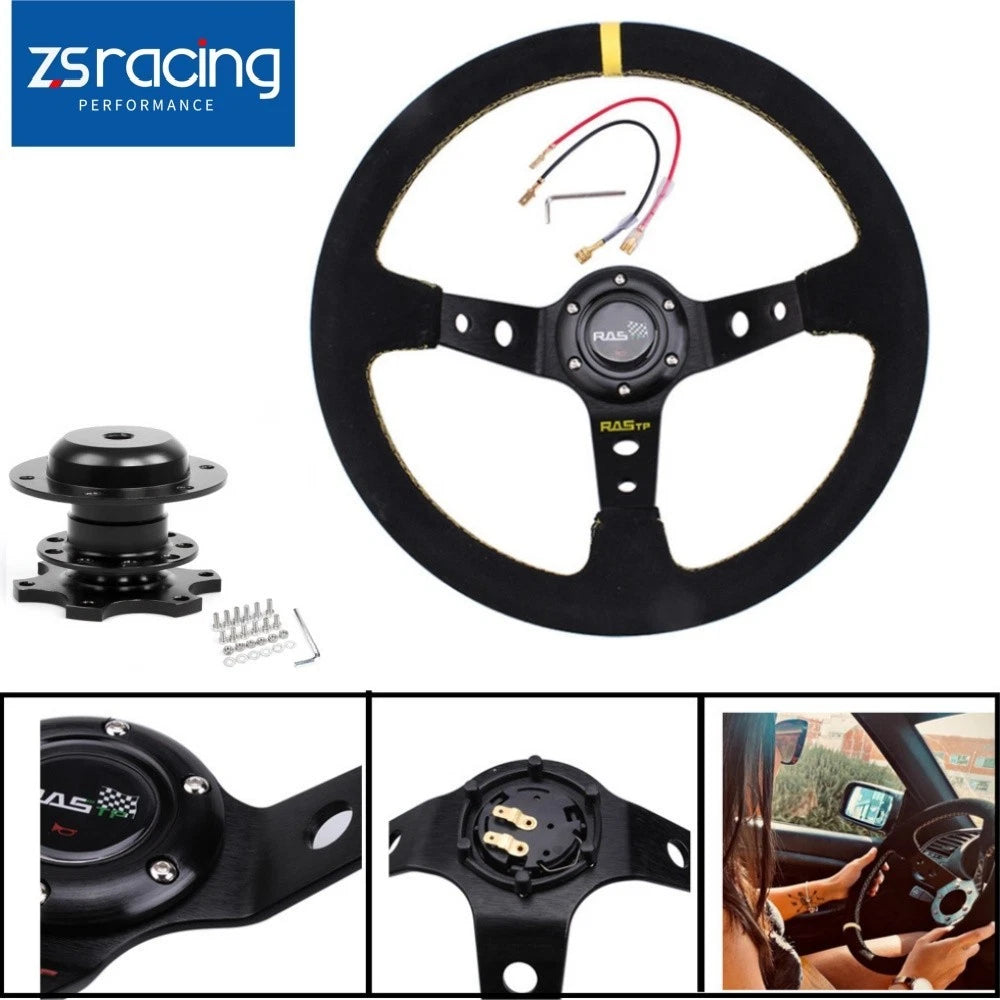 345mm Deep Dish Racing Suede Steering Wheel with Quick Release Adapter