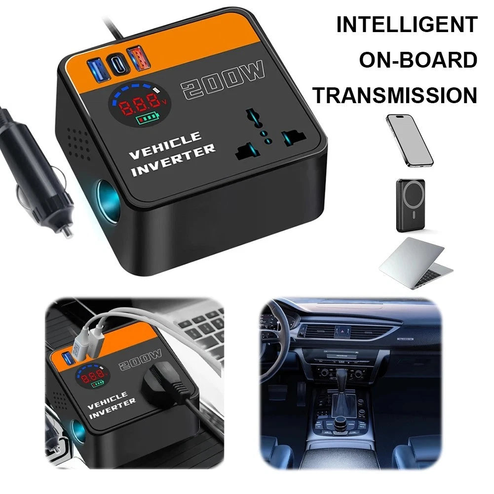 200W Car Inverter DC12V 24V to AC 220V with USB PD and Voltage Meter