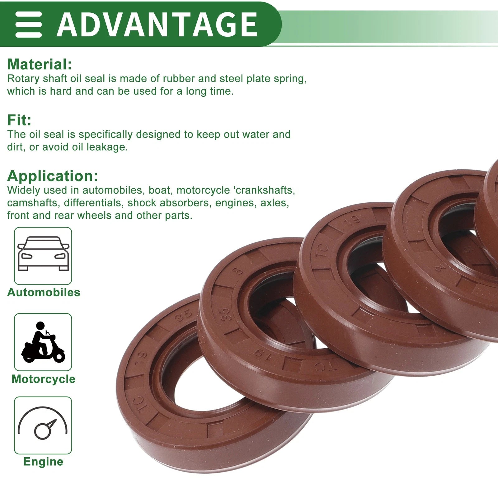 Set of 5 Oil Seal Rotary Shaft Seal FKM Rubber 19x35x8mm