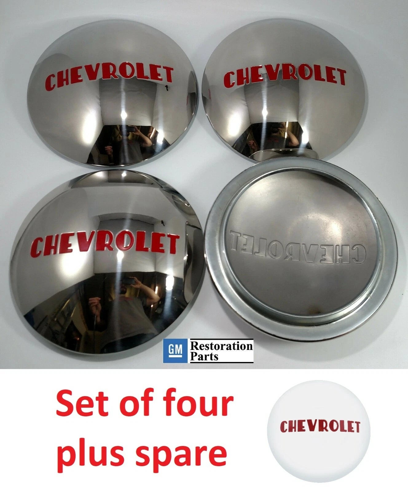 Stainless Hubcaps with Red Lettering for 1947–1953 Chevrolet 1/2T Pickup