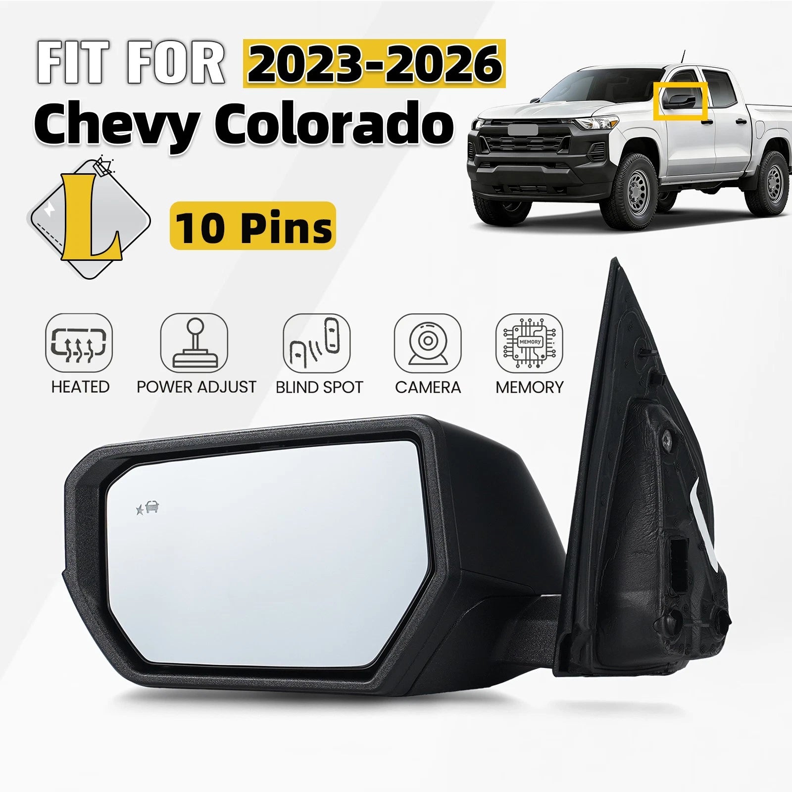 Left Side Mirror for Chevrolet Colorado (2023–2026) Heated, BSD, Camera, 10Pin