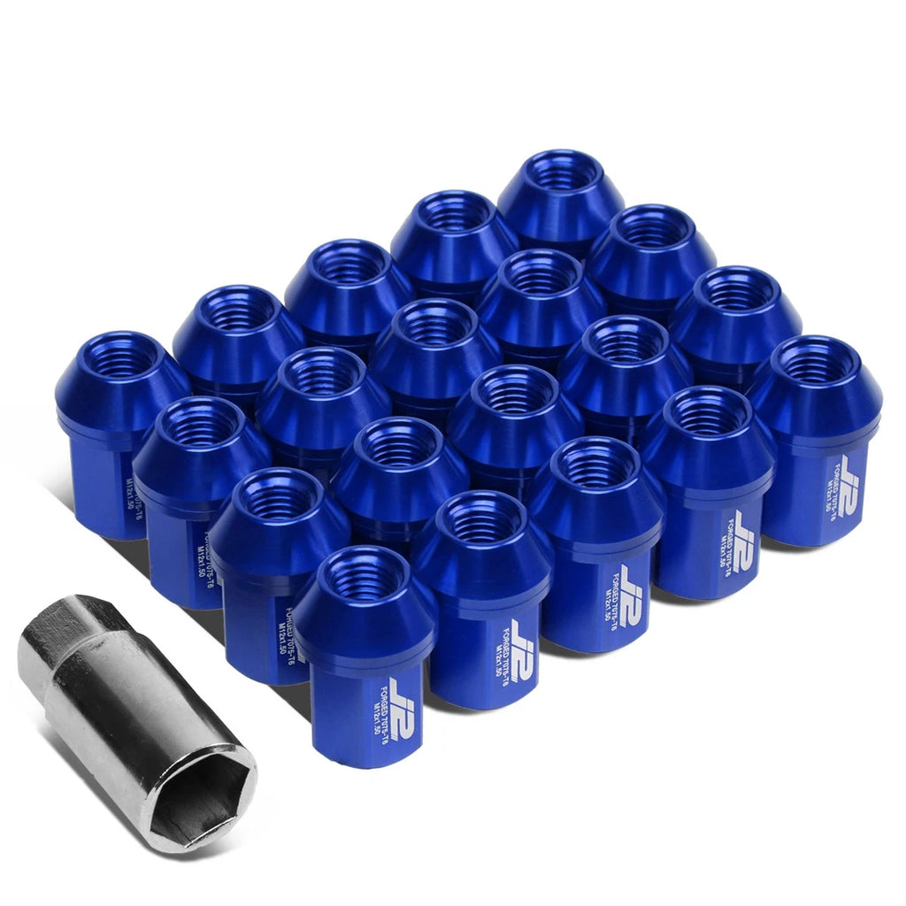 Set of 20 J2 7075 Forged Aluminum M12x1.5 Close-End Lug Nuts with Adapter Blue
