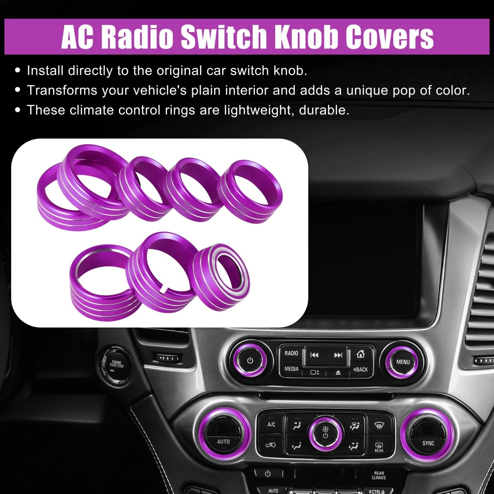 8 Pcs Purple AC Radio Switch Knob Cover for Chevy Silverado, GMC Sierra (2014–2018)