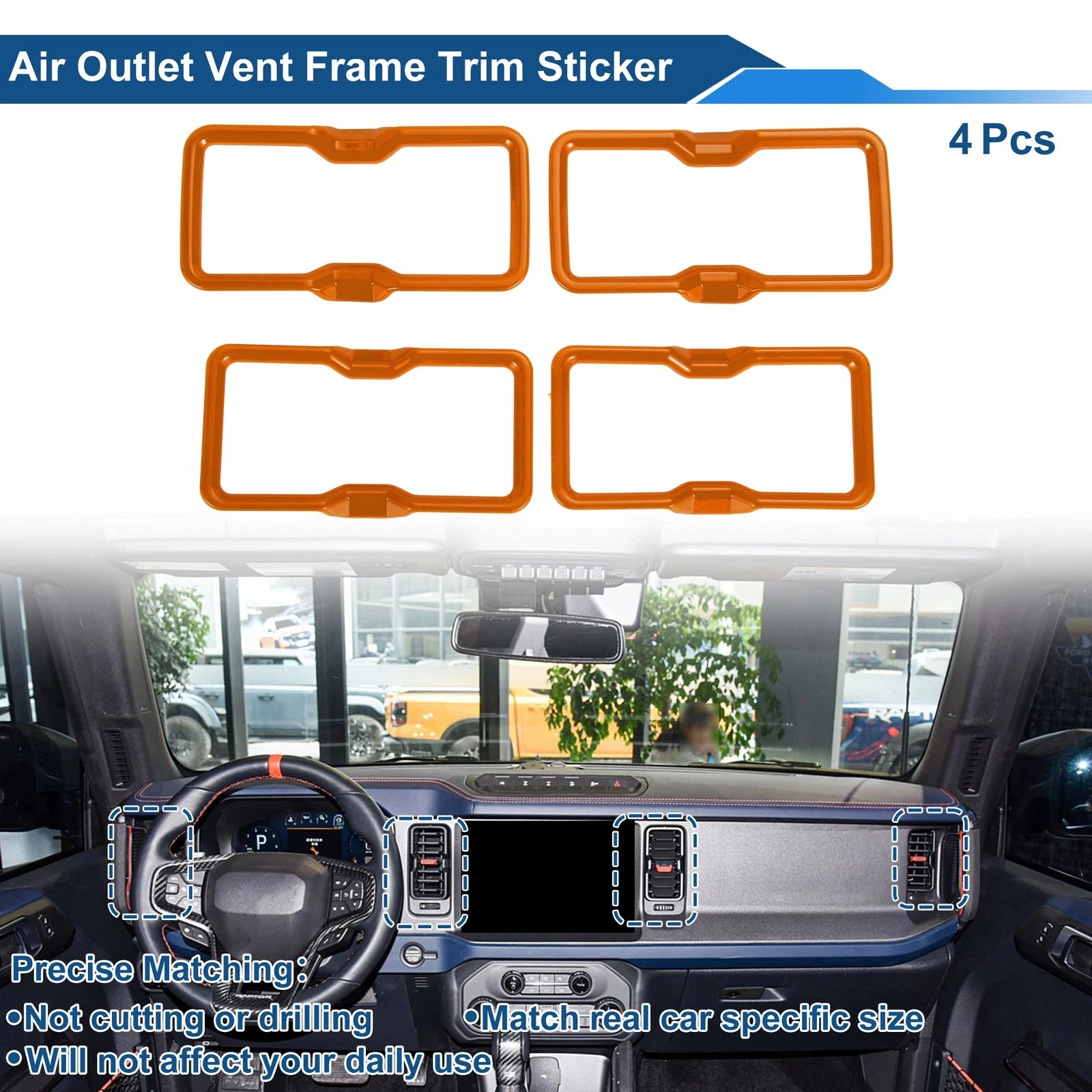 Set of 4 Air Condition Outlet Vent Trim Cover Frames for Ford Bronco (2021–2024) Orange