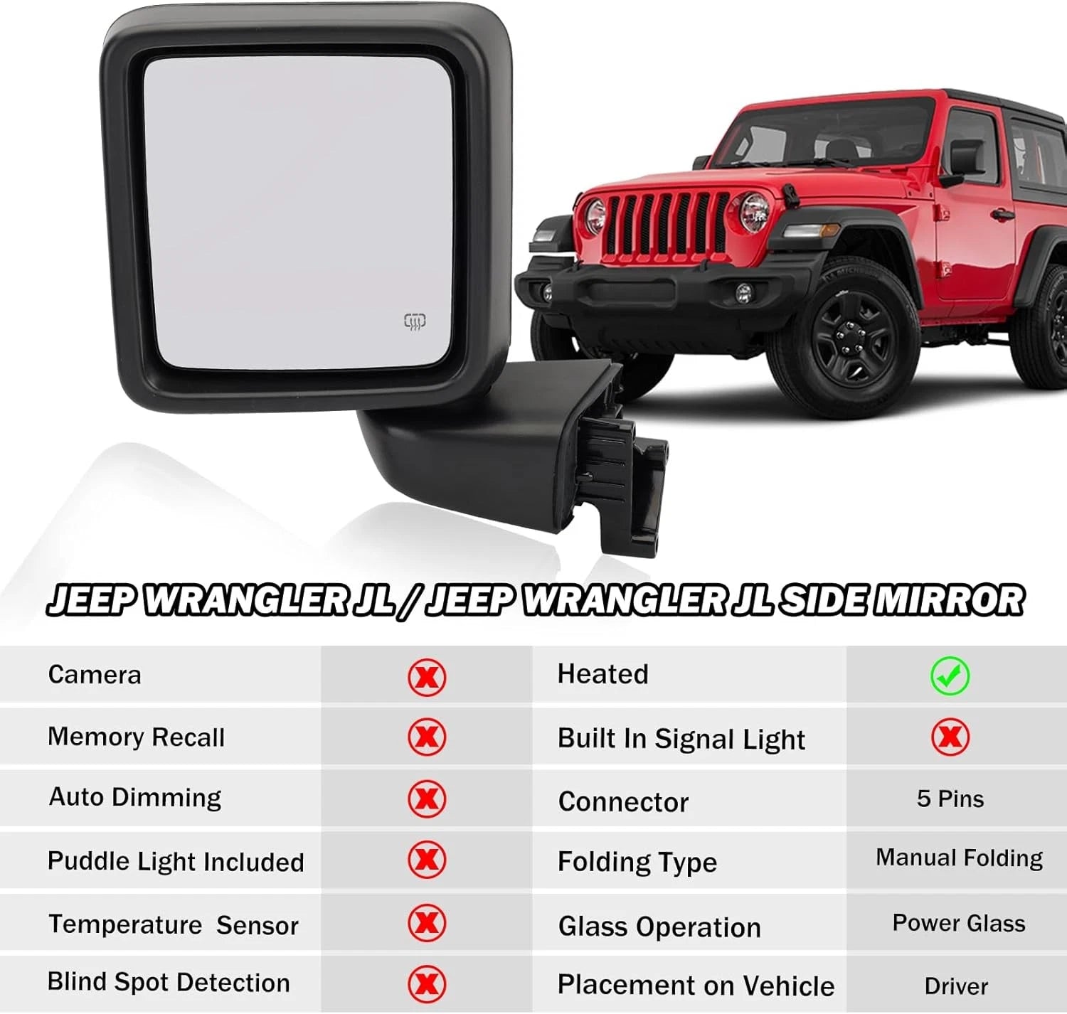 Left Driver Side Power Heated Mirror for Jeep Wrangler Gladiator (2018–2024)