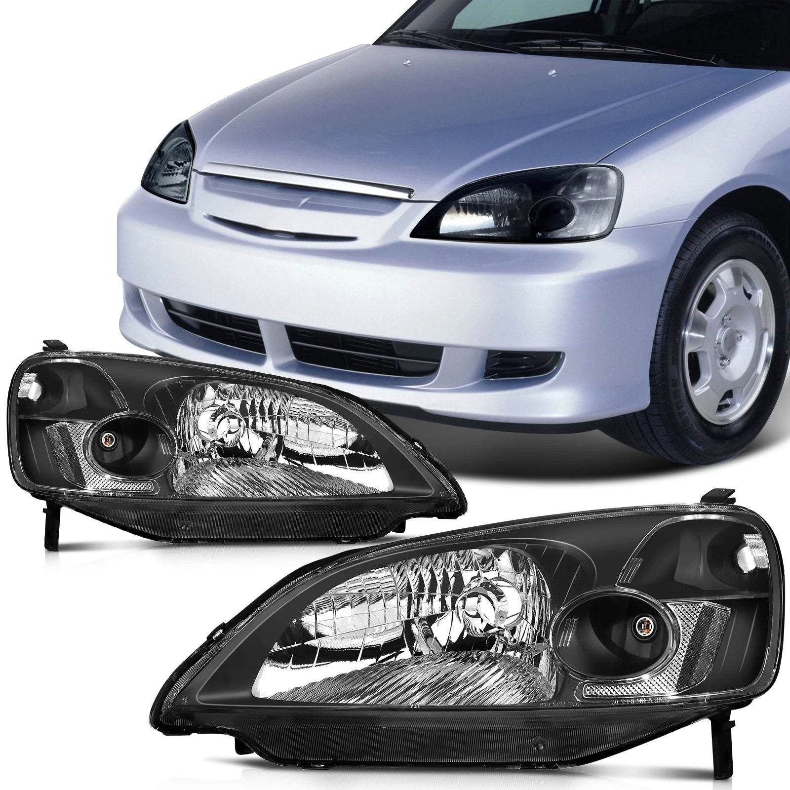 Set of 2 Black Halogen Headlights Assembly for Honda Civic (2001–2003)