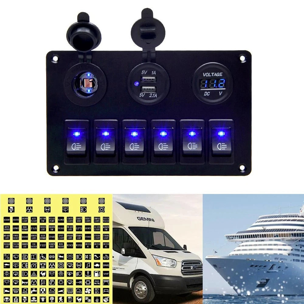 6 Gang LED Rocker Switch Panel for Car Truck Boat Marine (12V)