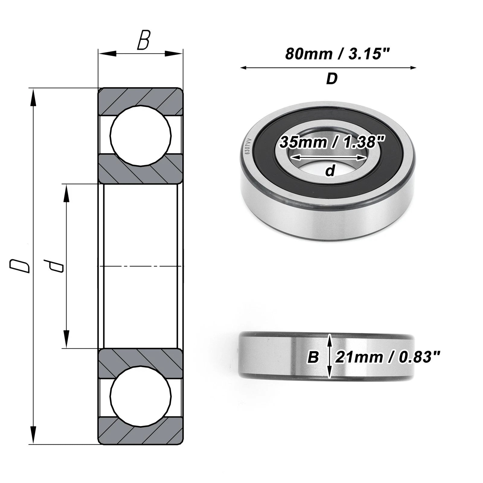 6307VV Deep Groove Ball Bearing for Scooter Skateboard (35x80x21mm)