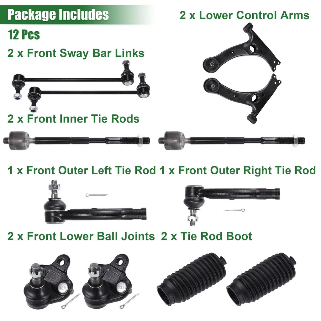 12pcs Front Suspension Kit Control Arm Tie Rod End for Toyota Corolla (2003–2008)