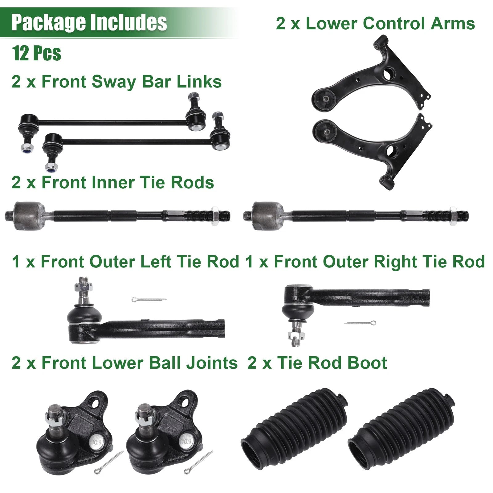 12pcs Front Suspension Kit Control Arm Tie Rod End for Toyota Corolla (2003–2008)