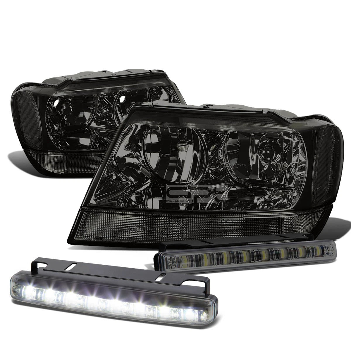 Smoked Housing Headlight + Clear Corner + LED Fog Light Kit for Jeep Grand Cherokee (1999–2004)