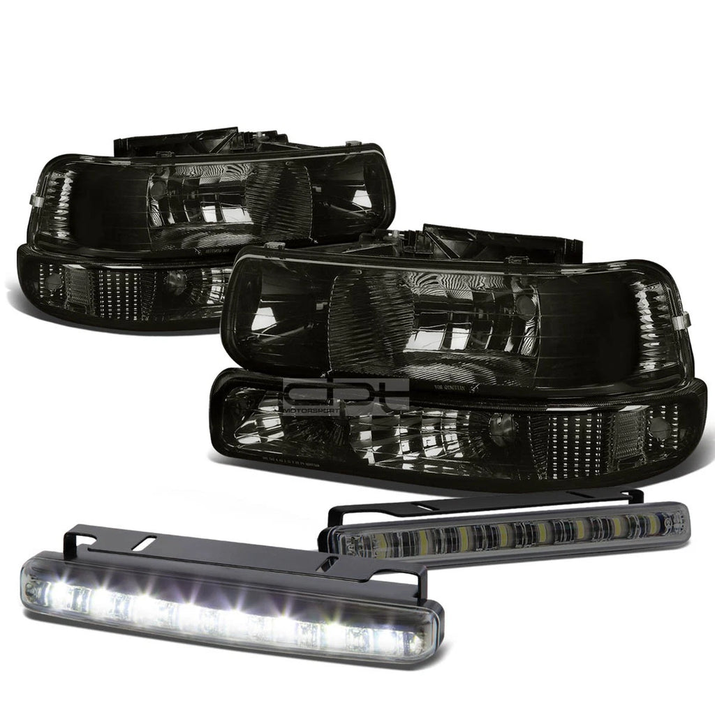 Smoked Housing Amber Headlight + Bumper Lamp + LED Fog Light Set for Silverado (1999–2002)