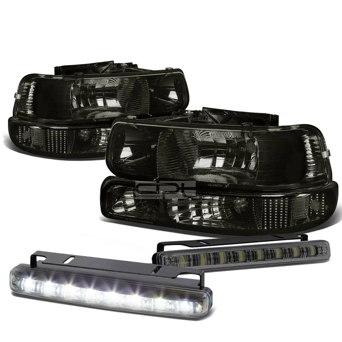 Smoked Housing Amber Headlight + Bumper Lamp + LED Fog Light Set for Silverado (1999–2002)