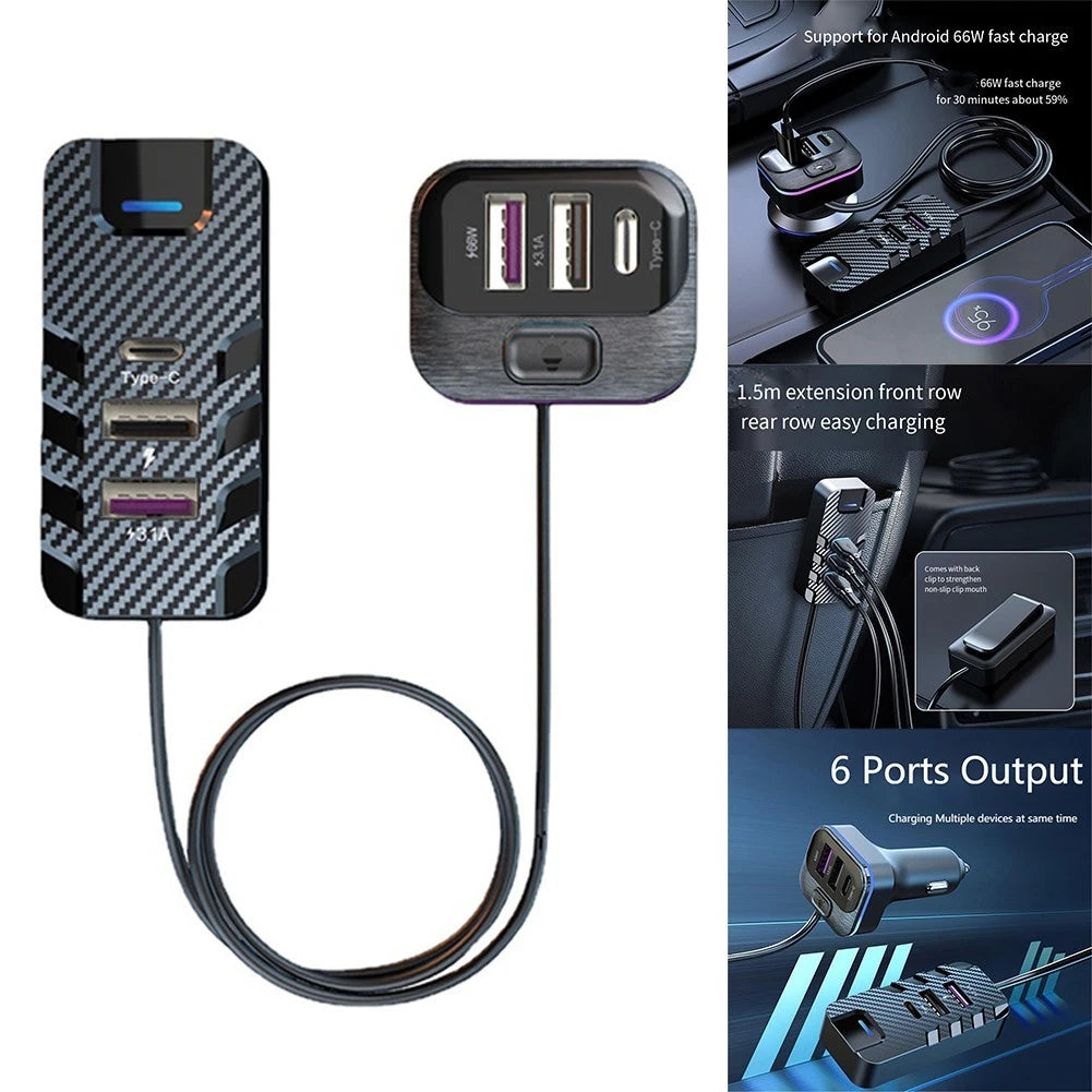 Fastest 6 Port USB Car Charger with 15m Extension Cable for Back Passengers