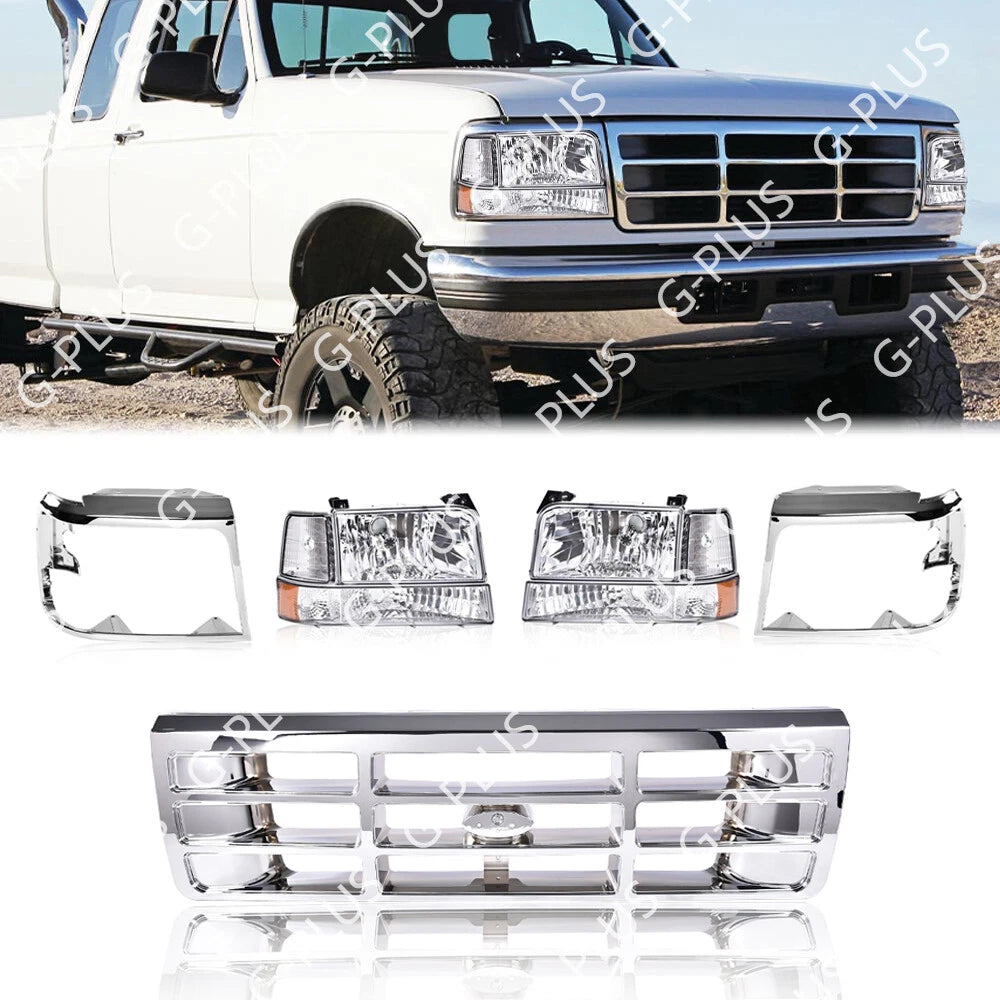 Chrome Grille and Headlight Door Set for Ford F150 F250 F350 (1992–1998)