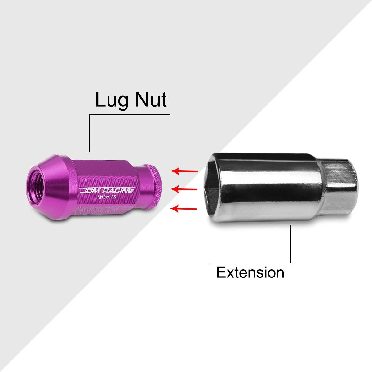 20Pc M12X1.25 Purple JDM Open-End Acorn Hex Wheel Lug Nuts + Extension 25mm