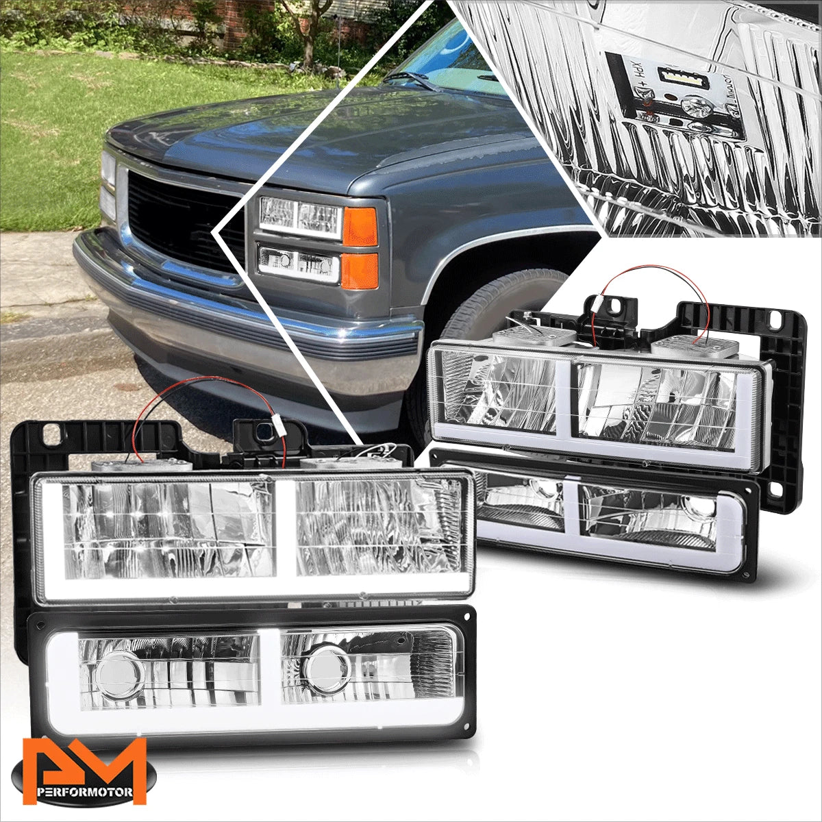 F-Shape LED DRL Headlights for Chevy GMC C/K Suburban Tahoe Yukon (1988–2002)