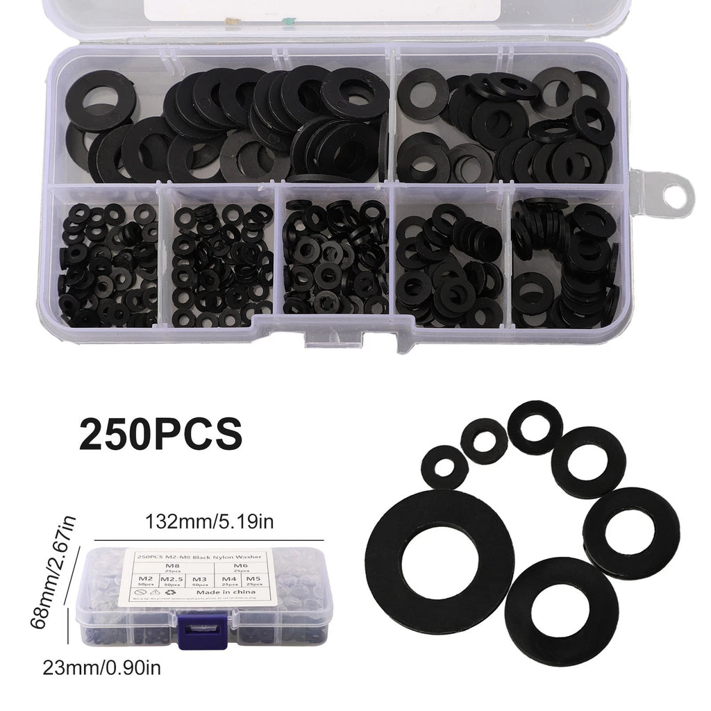 Washer Gasket Set of 250 Assorted Black Rings M2-M8