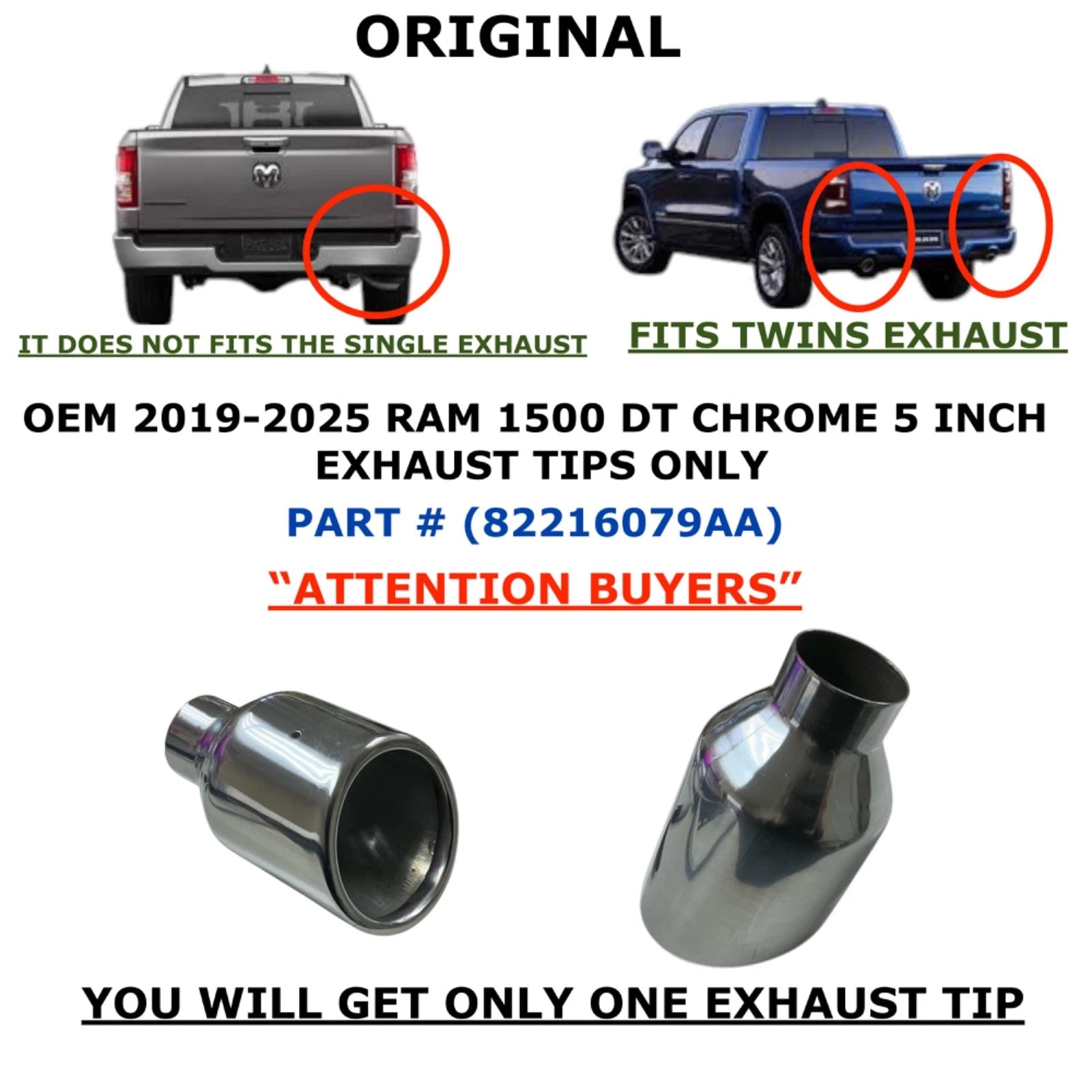 Chrome 5 Inch Exhaust Tip for RAM 1500 (2019–2025) 82216079AA