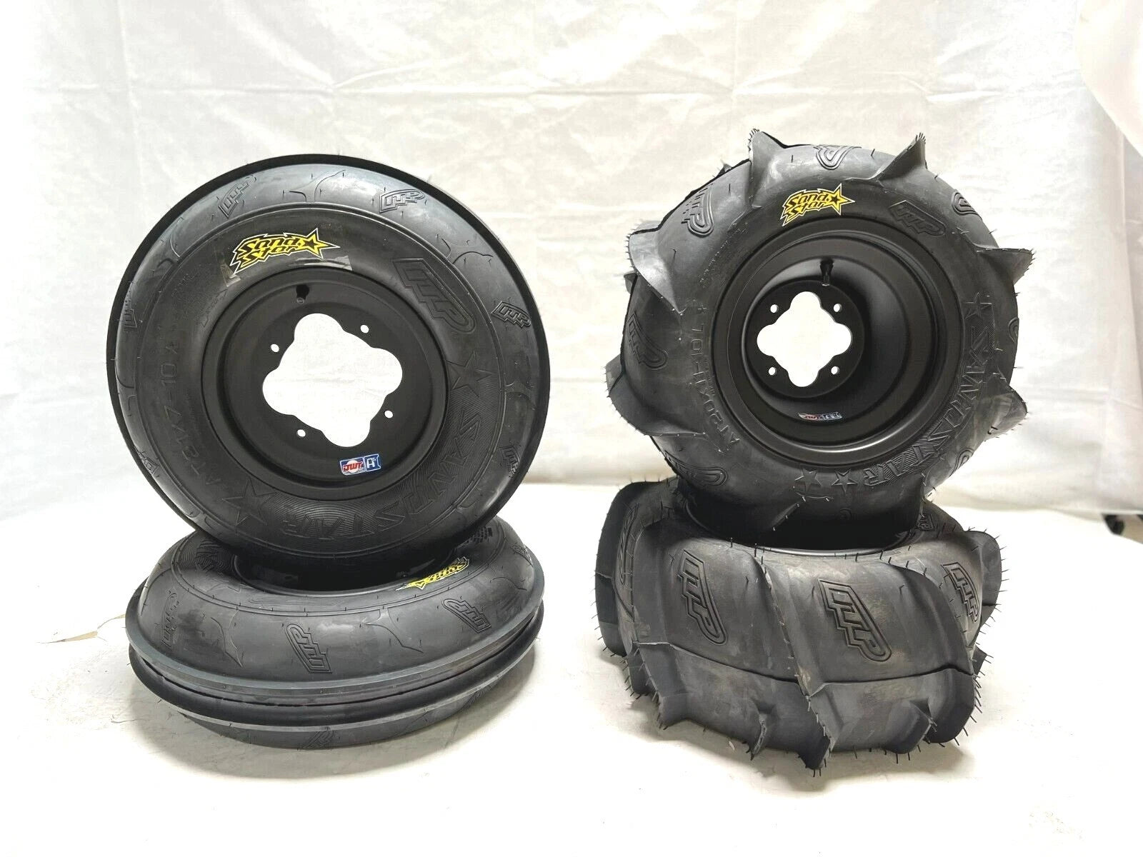 Set of 2 ITP Sand Star Paddle Tires & DWT A5 Black Rims for TRX 450R (2004–2009)