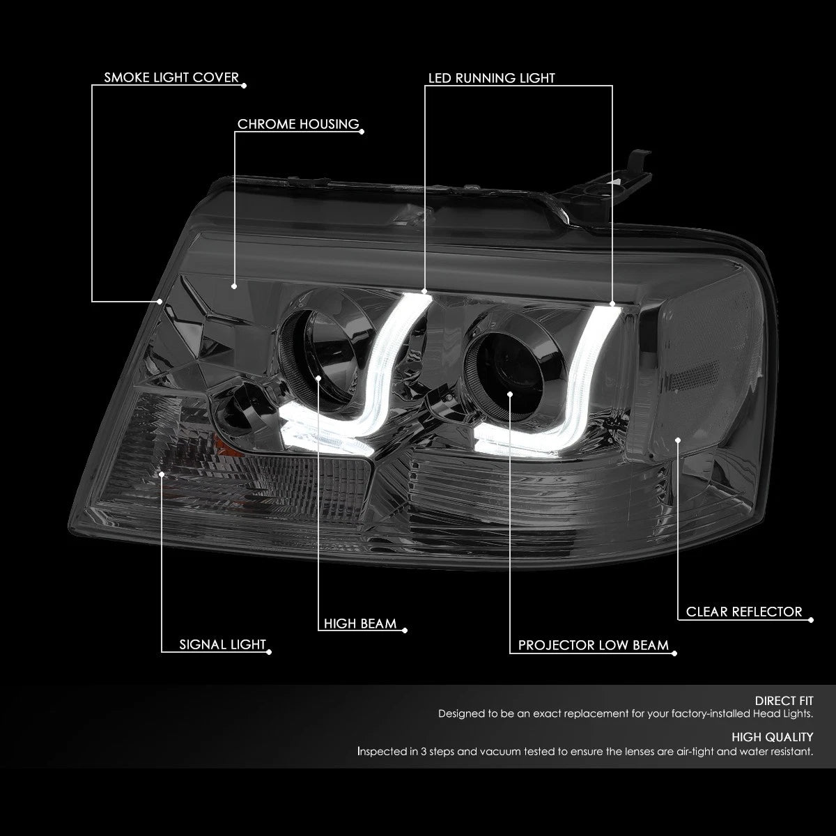 Smoked/Clear LED DRL Bar Projector Headlight for Ford F-150 (2004–2008)