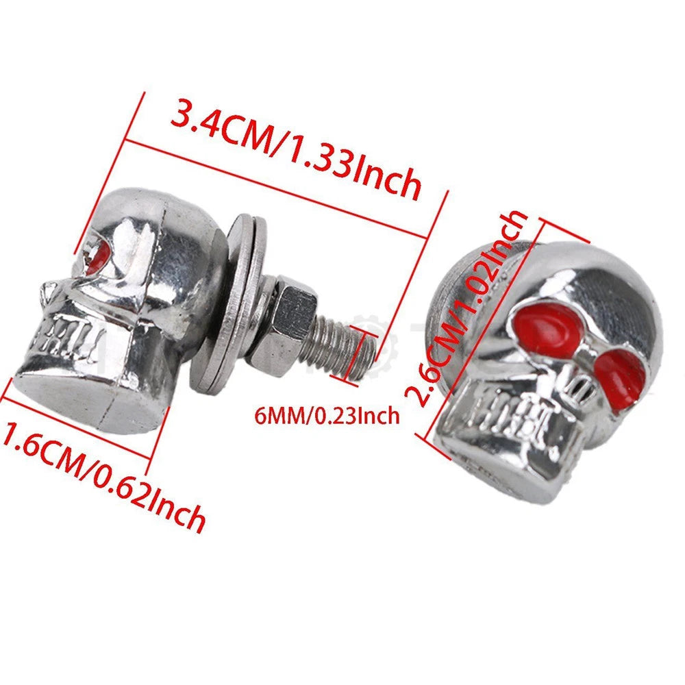 Set of 4 Chrome Skull License Plate Frame Bolts Screws 6mm Red Eye