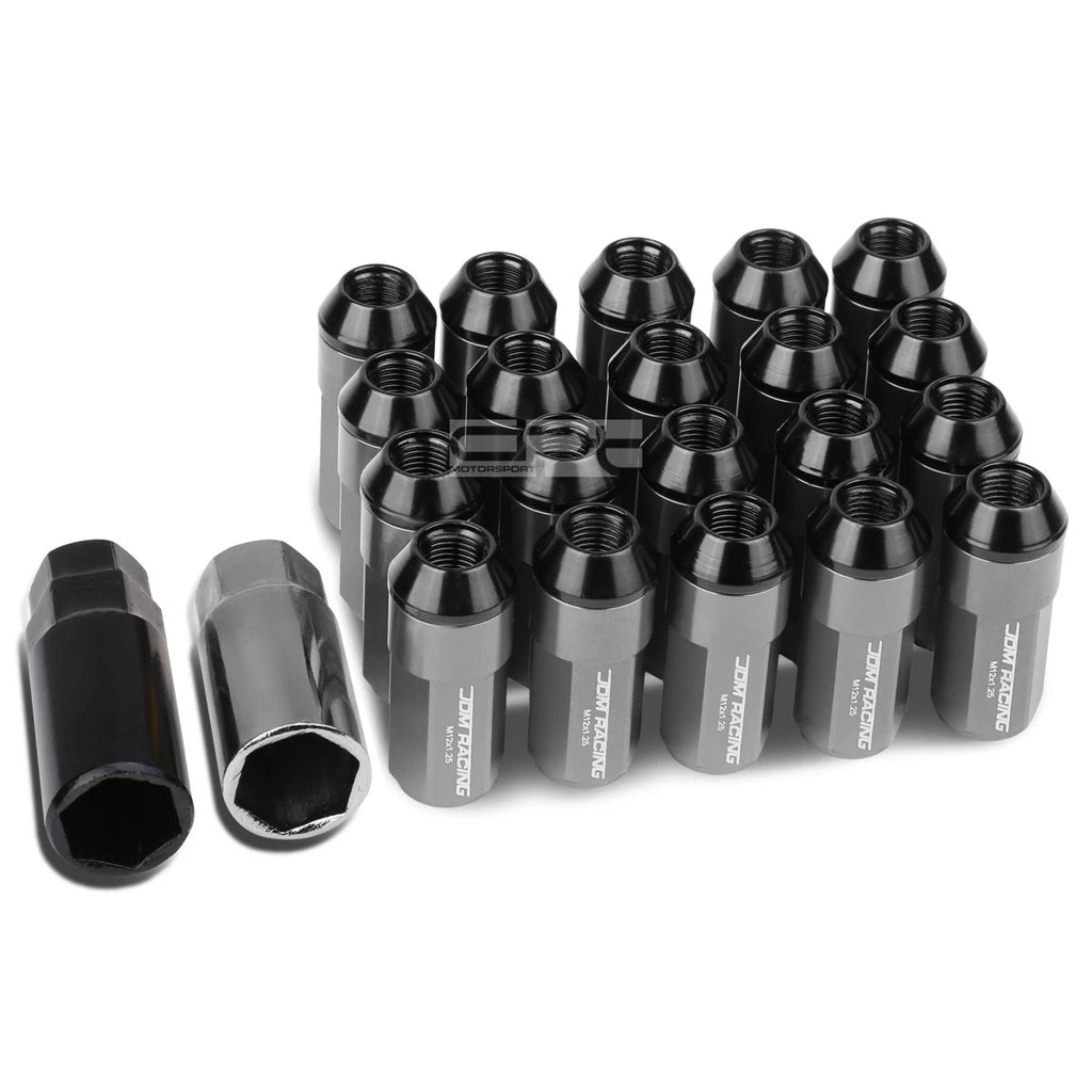 Set of 20 M12X1.25 53mm Tall Gun Metal Aluminum Lug Nuts with Caps