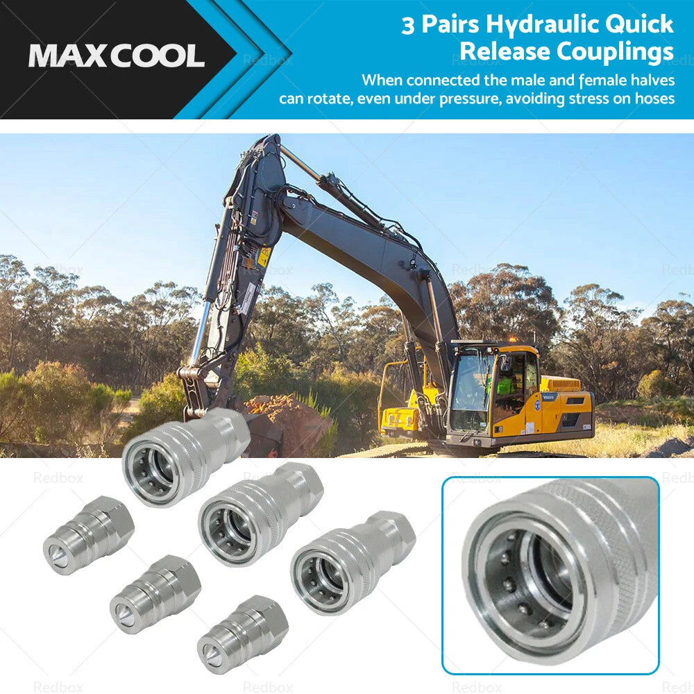 Set of 3 Hydraulic Quick Release Couplings 1/2 BSP ISO Poppet for Tractor