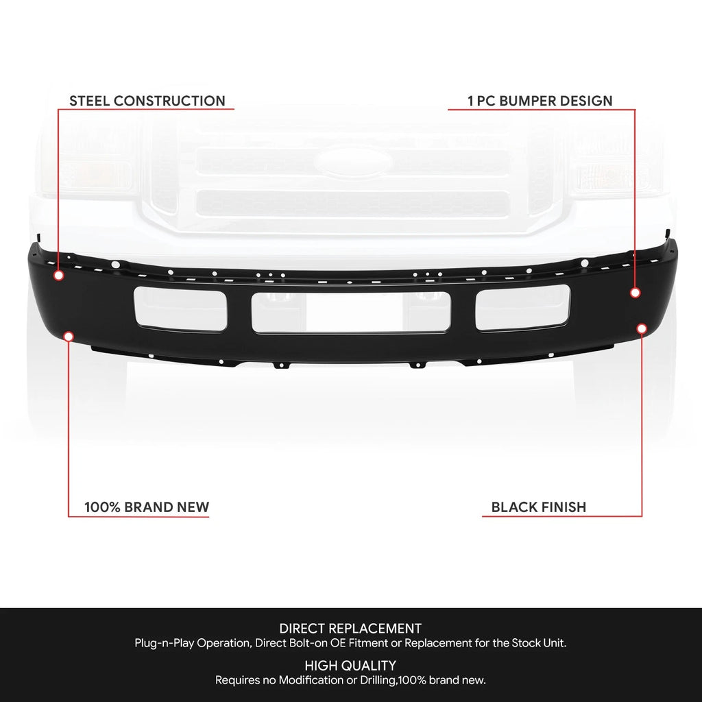 Front Bumper Face Bar for Ford F-250/F-350 SD (2005–2007) w/o Fender Flare Holes Black