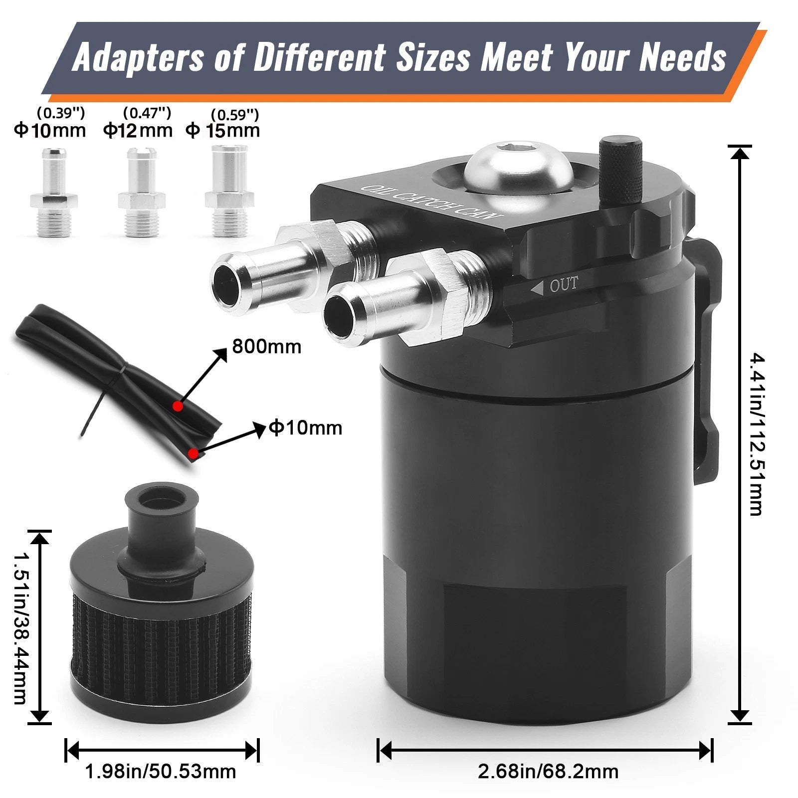 Oil Catch Can Kit for Universal Vehicles (300ML, Black, Baffled, Aluminum)